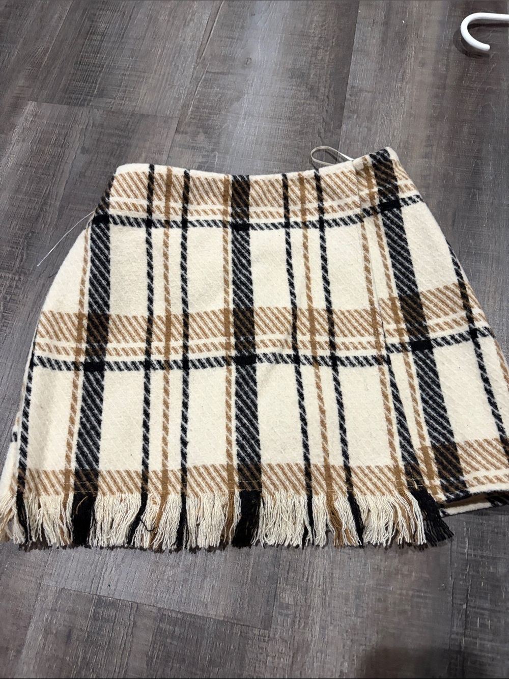 Altar'd State Cream Plaid Mini Skirt with Fringe